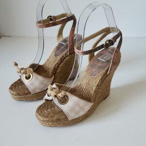 BURBERRY | Nova Check Pattern Canvas Espadrilles Heels Pink Brown Sz 37